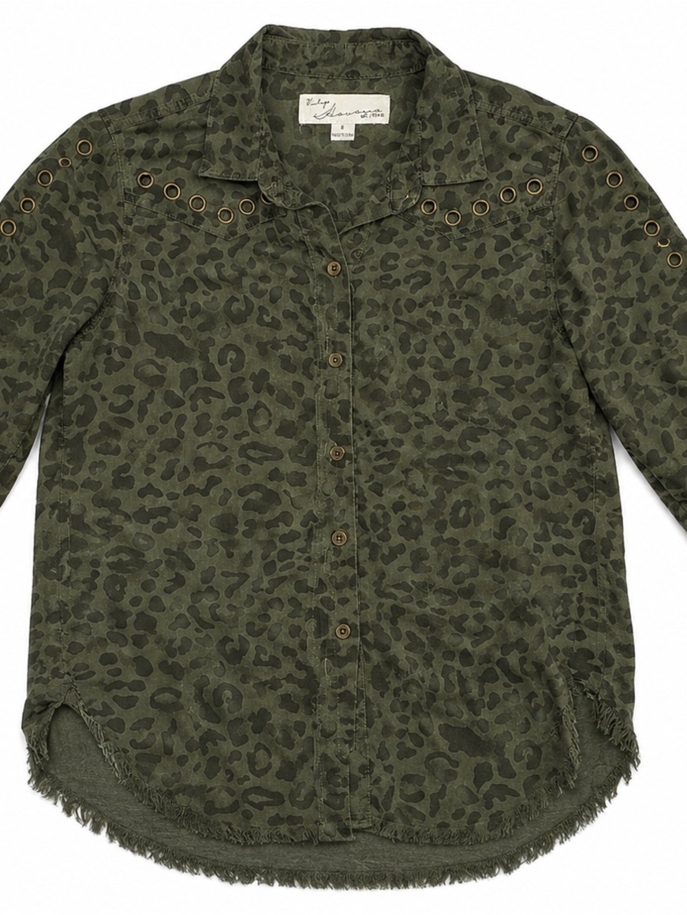 Vintage Havana Olive Leopard Print Studded Button-Up Shirt | Size Small